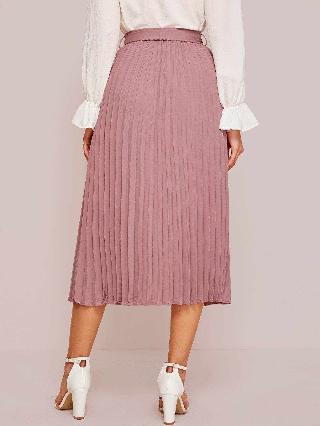 Belted Button Front Pleated Skirt