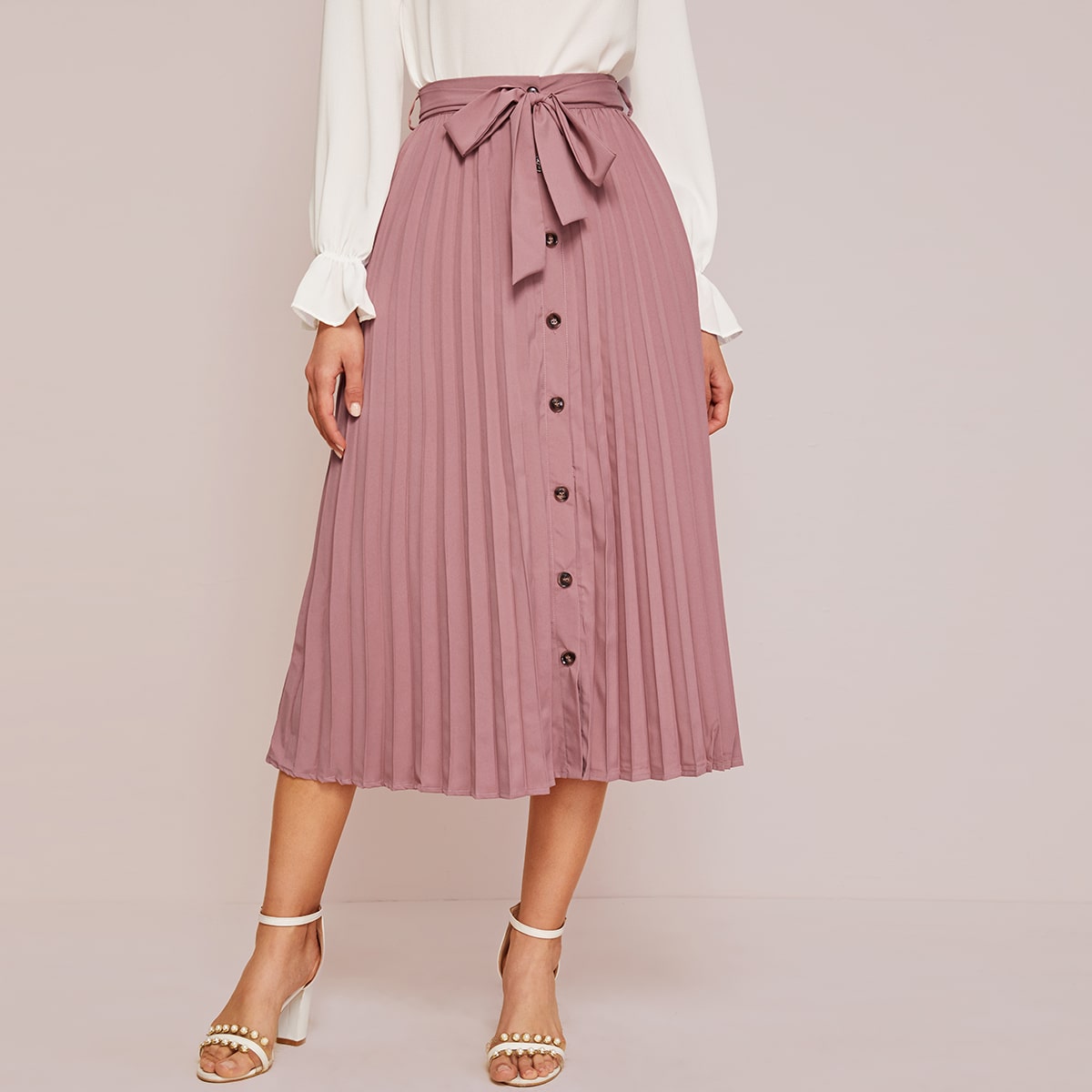 Belted Button Front Pleated Skirt