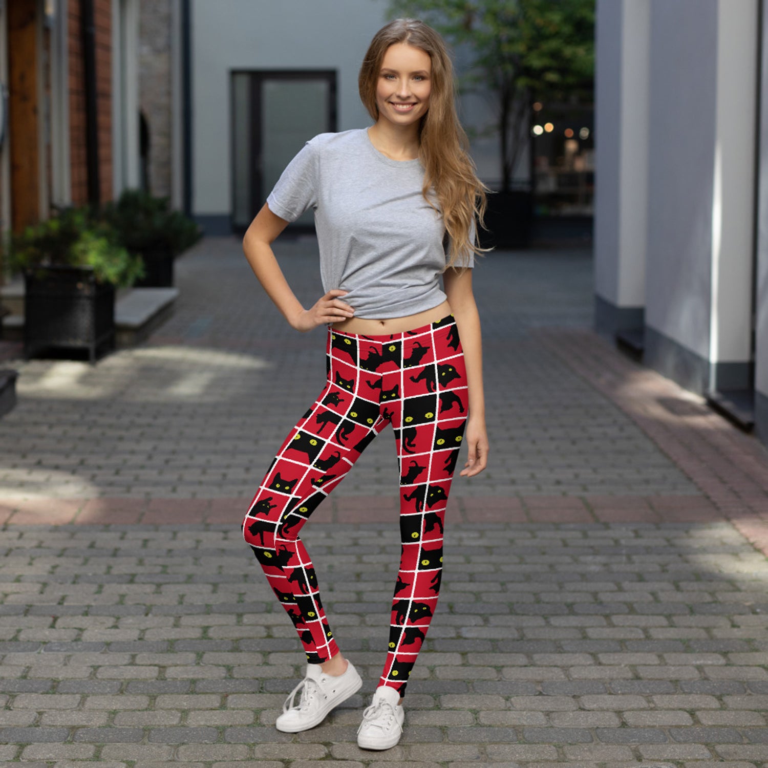 Black Cat Silhouette on Red Leggings