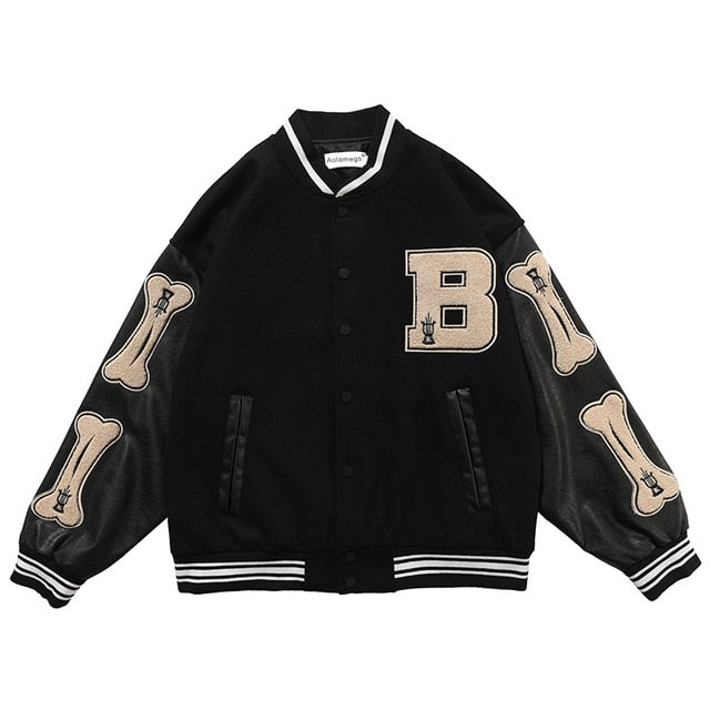 Aolamegs Furry Bone Letter Patch Color Block Patchwork 3 color Optional Harajuku College Style Bomber Jacket Men Baseball Coats