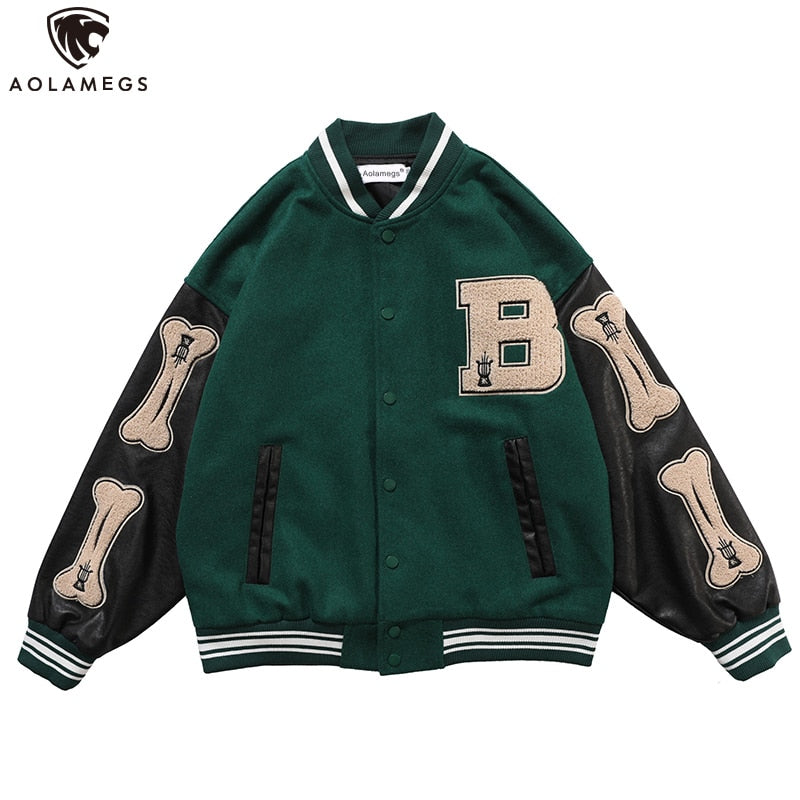 Aolamegs Furry Bone Letter Patch Color Block Patchwork 3 color Optional Harajuku College Style Bomber Jacket Men Baseball Coats