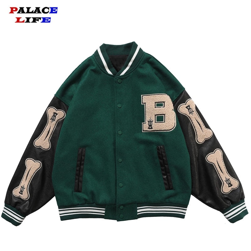 Hip Hop Furry Bone Patchwork Color Block Jackets Mens Harajuku College Style Bomber Jacket Men Baseball Coats 3 color