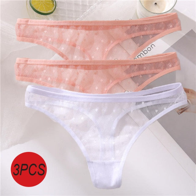 3PCS/Set Sexy Panties Women G-String Thong Lace Underwear Pantys Low-Waist Female Underpants Mesh Perspective Briefs Lingerie