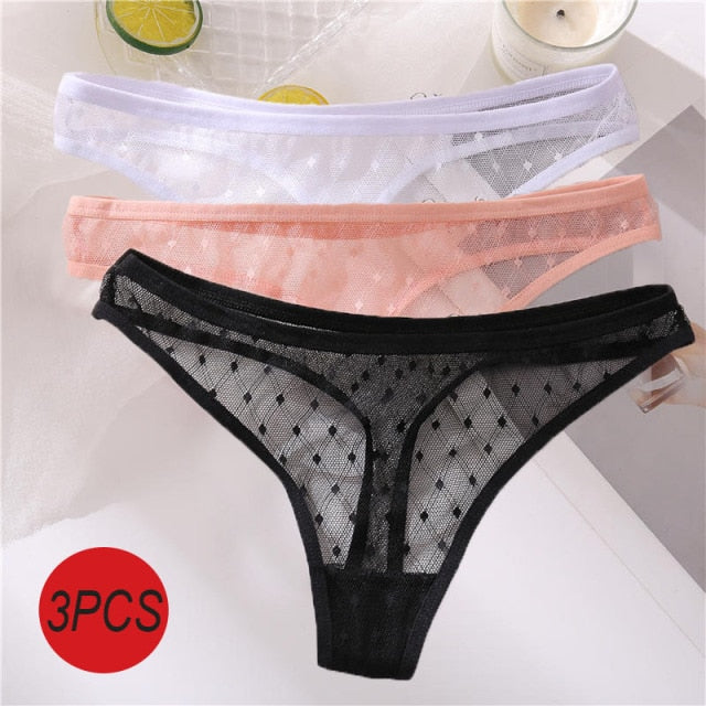 3PCS/Set Sexy Panties Women G-String Thong Lace Underwear Pantys Low-Waist Female Underpants Mesh Perspective Briefs Lingerie