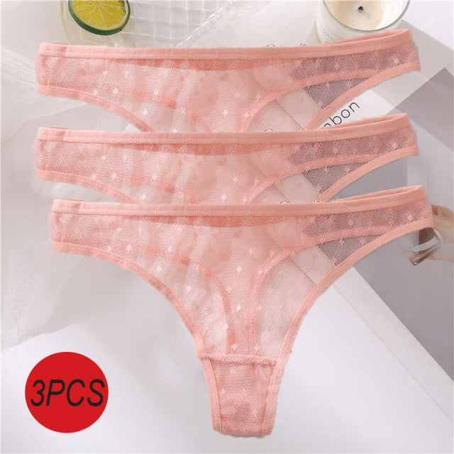 3PCS/Set Sexy Panties Women G-String Thong Lace Underwear Pantys Low-Waist Female Underpants Mesh Perspective Briefs Lingerie