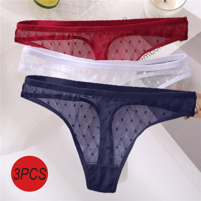 3PCS/Set Sexy Panties Women G-String Thong Lace Underwear Pantys Low-Waist Female Underpants Mesh Perspective Briefs Lingerie