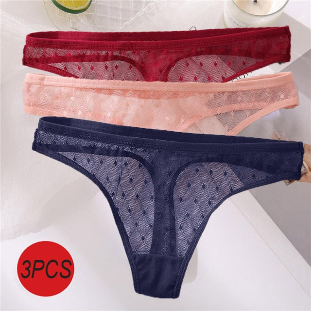 3PCS/Set Sexy Panties Women G-String Thong Lace Underwear Pantys Low-Waist Female Underpants Mesh Perspective Briefs Lingerie