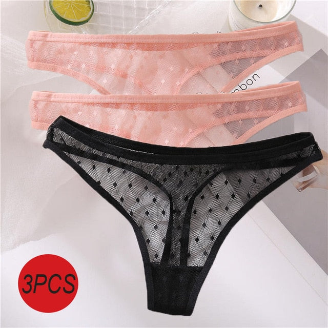 3PCS/Set Sexy Panties Women G-String Thong Lace Underwear Pantys Low-Waist Female Underpants Mesh Perspective Briefs Lingerie