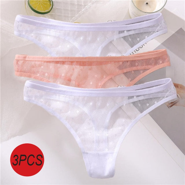 3PCS/Set Sexy Panties Women G-String Thong Lace Underwear Pantys Low-Waist Female Underpants Mesh Perspective Briefs Lingerie