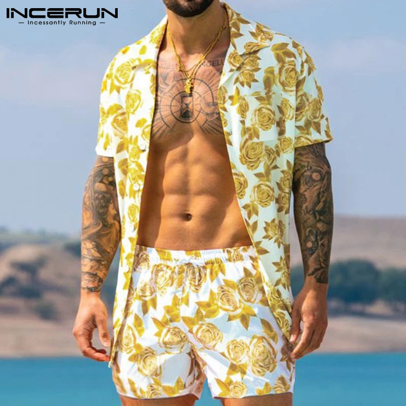 Men Hawaiian Sets Printing 2021 Summer Short Sleeve Button Shirt Beach Shorts Streetwear Casual Mens Suit 2 Pieces S-3XL INCERUN