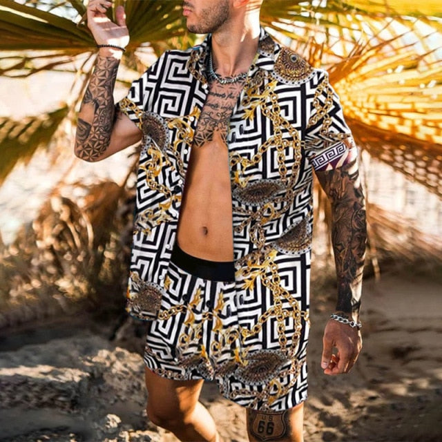 NEW Men Hawaiian Sets Printing 2021 Summer Short Sleeve Button Shirt Beach Shorts Streetwear Casual Mens Suit 2 Pieces INCERUN