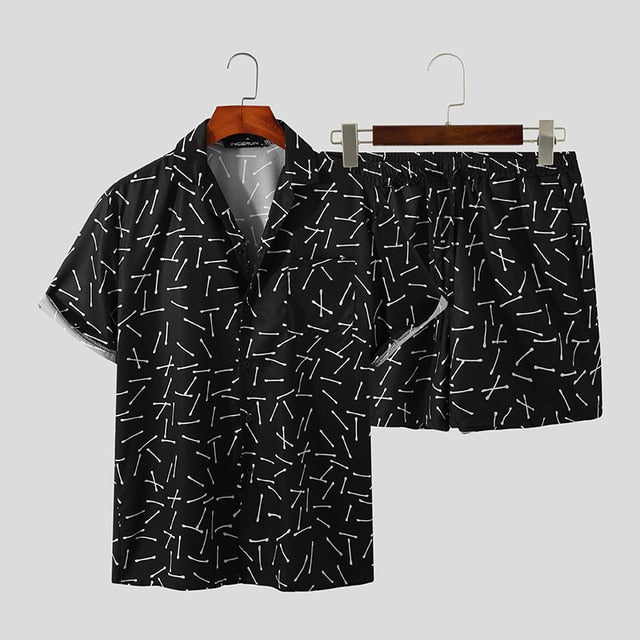 Men Hawaiian Sets Printing 2021 Summer Short Sleeve Button Shirt Beach Shorts Streetwear Casual Mens Suit 2 Pieces S-3XL INCERUN