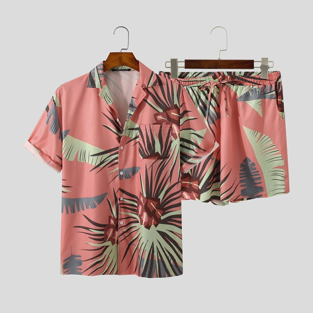 Men Hawaiian Sets Printing 2021 Summer Short Sleeve Button Shirt Beach Shorts Streetwear Casual Mens Suit 2 Pieces S-3XL INCERUN