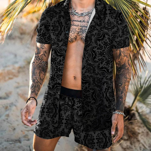 NEW Men Hawaiian Sets Printing 2021 Summer Short Sleeve Button Shirt Beach Shorts Streetwear Casual Mens Suit 2 Pieces INCERUN