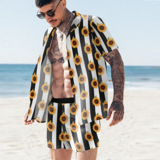 NEW Men Hawaiian Sets Printing 2021 Summer Short Sleeve Button Shirt Beach Shorts Streetwear Casual Mens Suit 2 Pieces INCERUN