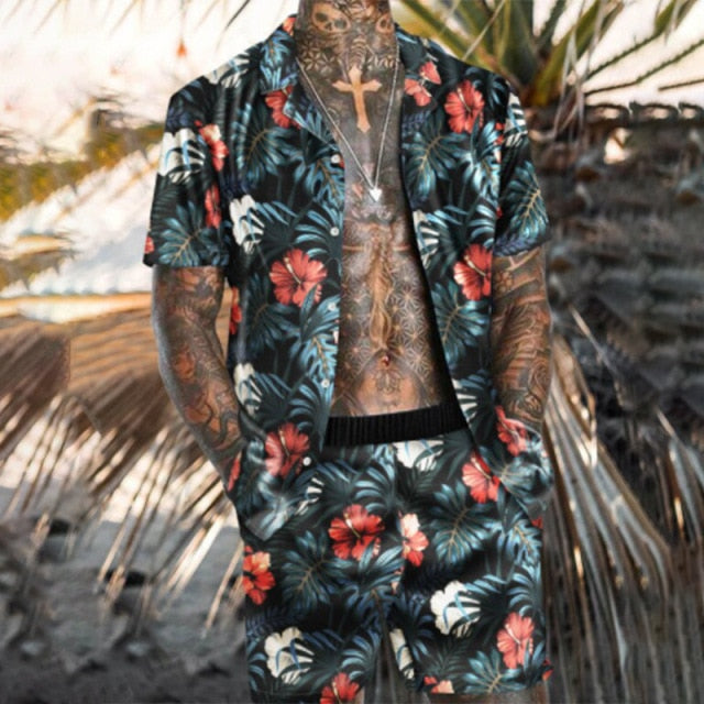 NEW Men Hawaiian Sets Printing 2021 Summer Short Sleeve Button Shirt Beach Shorts Streetwear Casual Mens Suit 2 Pieces INCERUN