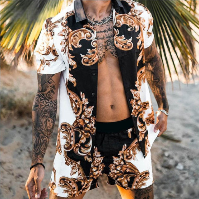 NEW Men Hawaiian Sets Printing 2021 Summer Short Sleeve Button Shirt Beach Shorts Streetwear Casual Mens Suit 2 Pieces INCERUN