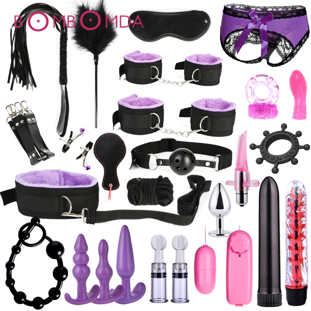 BDSM Kits Adults Sex Toys For Women Men Handcuffs Nipple Clamps Whip Spanking Sex Metal Anal Plug Vibrator Butt Bdsm Bondage Set