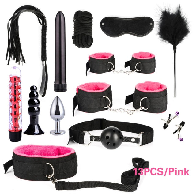 BDSM Kits Adults Sex Toys For Women Men Handcuffs Nipple Clamps Whip Spanking Sex Metal Anal Plug Vibrator Butt Bdsm Bondage Set