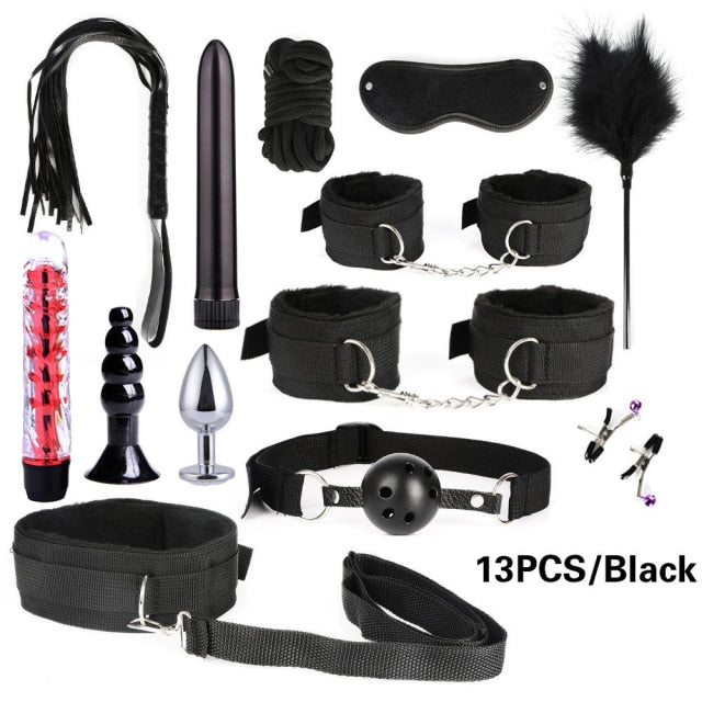 BDSM Kits Adults Sex Toys For Women Men Handcuffs Nipple Clamps Whip Spanking Sex Metal Anal Plug Vibrator Butt Bdsm Bondage Set