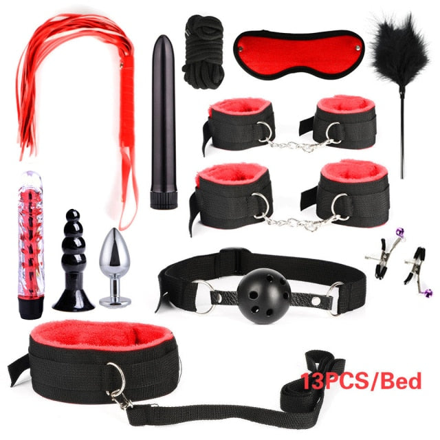 BDSM Kits Adults Sex Toys For Women Men Handcuffs Nipple Clamps Whip Spanking Sex Metal Anal Plug Vibrator Butt Bdsm Bondage Set