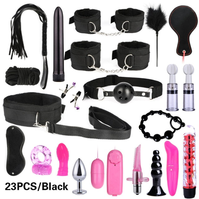 BDSM Kits Adults Sex Toys For Women Men Handcuffs Nipple Clamps Whip Spanking Sex Metal Anal Plug Vibrator Butt Bdsm Bondage Set