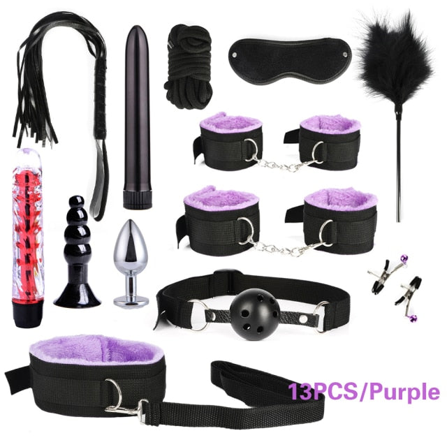 BDSM Kits Adults Sex Toys For Women Men Handcuffs Nipple Clamps Whip Spanking Sex Metal Anal Plug Vibrator Butt Bdsm Bondage Set