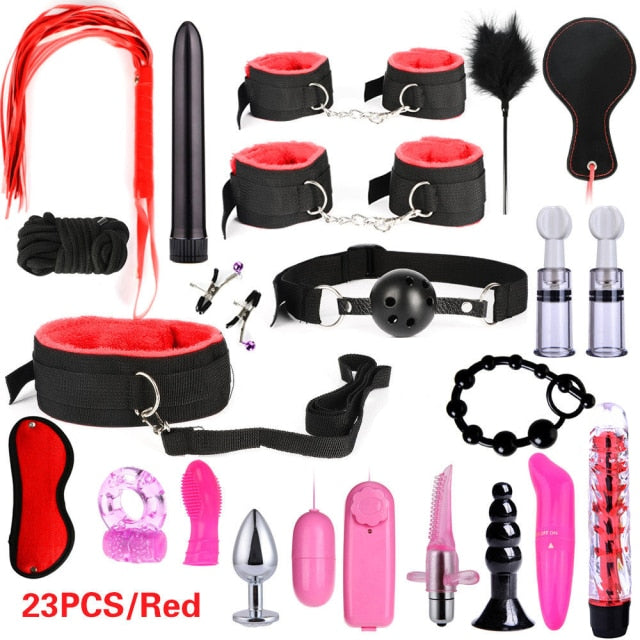 BDSM Kits Adults Sex Toys For Women Men Handcuffs Nipple Clamps Whip Spanking Sex Metal Anal Plug Vibrator Butt Bdsm Bondage Set