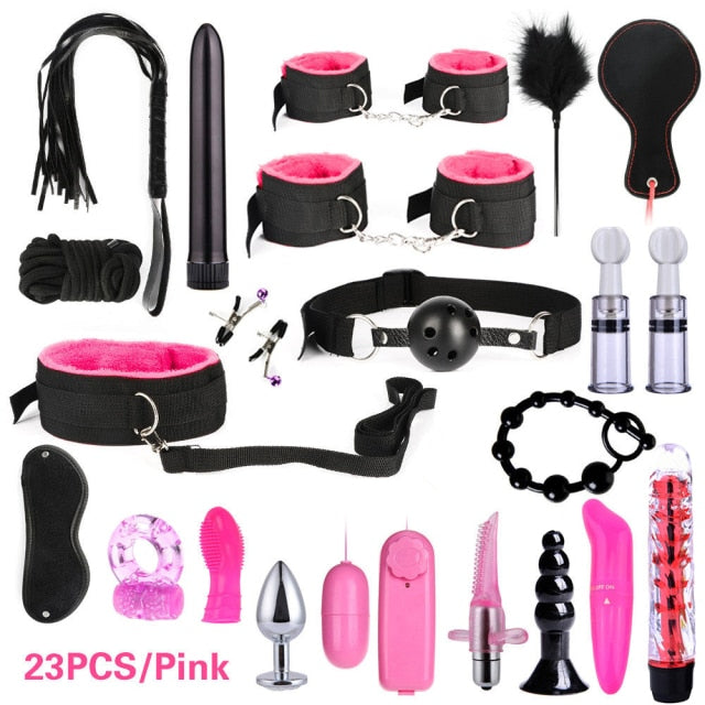 BDSM Kits Adults Sex Toys For Women Men Handcuffs Nipple Clamps Whip Spanking Sex Metal Anal Plug Vibrator Butt Bdsm Bondage Set