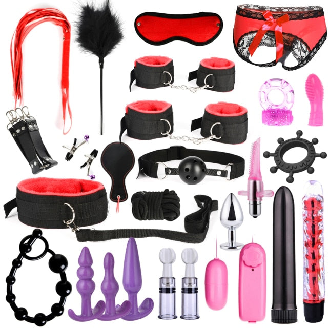 BDSM Kits Adults Sex Toys For Women Men Handcuffs Nipple Clamps Whip Spanking Sex Metal Anal Plug Vibrator Butt Bdsm Bondage Set