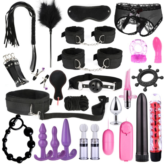 BDSM Kits Adults Sex Toys For Women Men Handcuffs Nipple Clamps Whip Spanking Sex Metal Anal Plug Vibrator Butt Bdsm Bondage Set