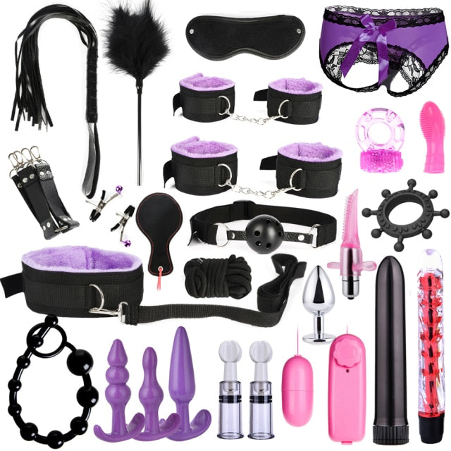 BDSM Kits Adults Sex Toys For Women Men Handcuffs Nipple Clamps Whip Spanking Sex Metal Anal Plug Vibrator Butt Bdsm Bondage Set