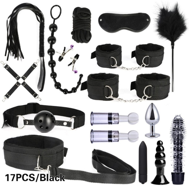 BDSM Kits Adults Sex Toys For Women Men Handcuffs Nipple Clamps Whip Spanking Sex Metal Anal Plug Vibrator Butt Bdsm Bondage Set