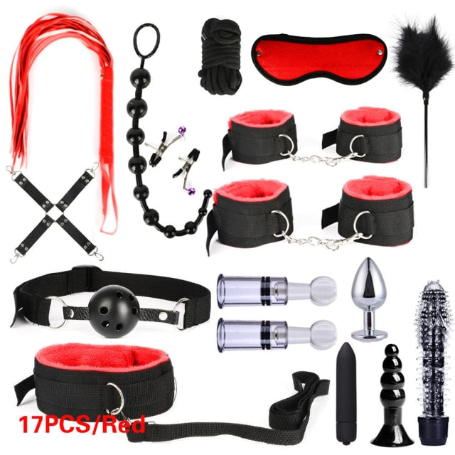 BDSM Kits Adults Sex Toys For Women Men Handcuffs Nipple Clamps Whip Spanking Sex Metal Anal Plug Vibrator Butt Bdsm Bondage Set