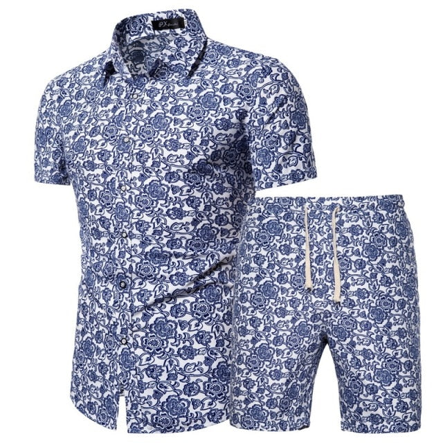 2020 Summer New Men's Clothing Short-sleeved Printed Shirts Shorts 2 Piece Fashion Male Casual Beach Wear Clothes