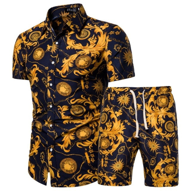 2020 Summer New Men's Clothing Short-sleeved Printed Shirts Shorts 2 Piece Fashion Male Casual Beach Wear Clothes