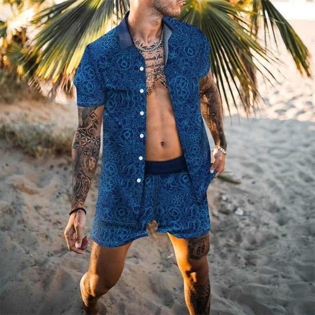 NEW Men Hawaiian Sets Printing 2021 Summer Short Sleeve Button Shirt Beach Shorts Streetwear Casual Mens Suit 2 Pieces INCERUN