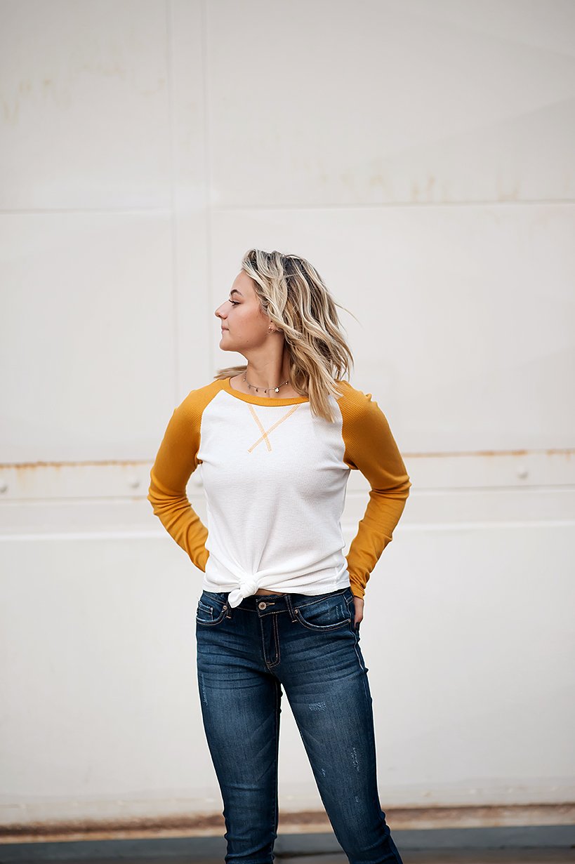 Long sleeve Thermal Baseball Tee in Ivory & Mustard